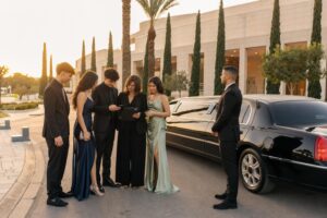 קבוצת תלמידים והורה ליד לימוזינה לנשף בזמן תיאום פרטים כדי להימנע מטעויות בהזמנת לימוזינה לנשף